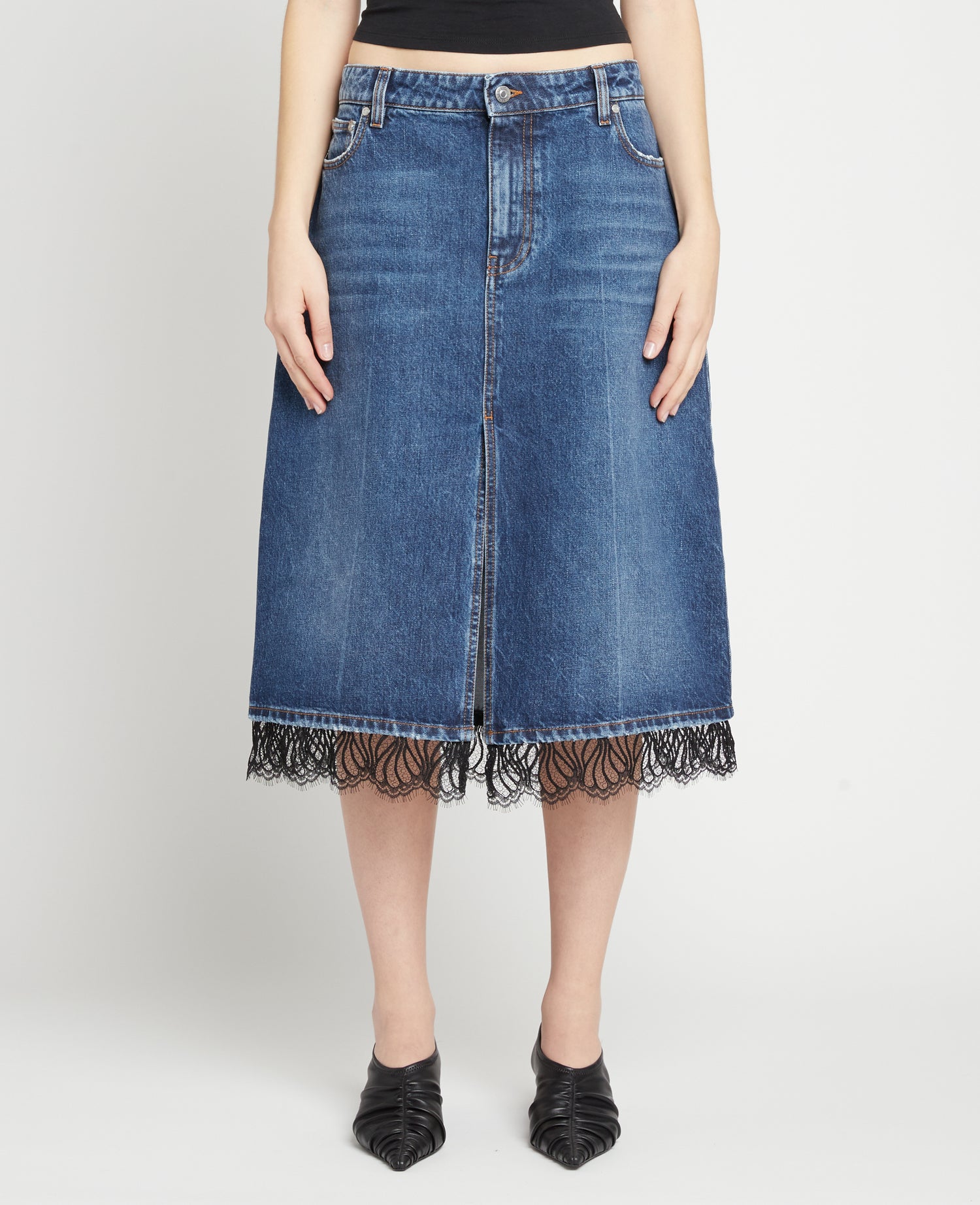 VINTAGE LACE DETAILED DENIM SKIRT, blue