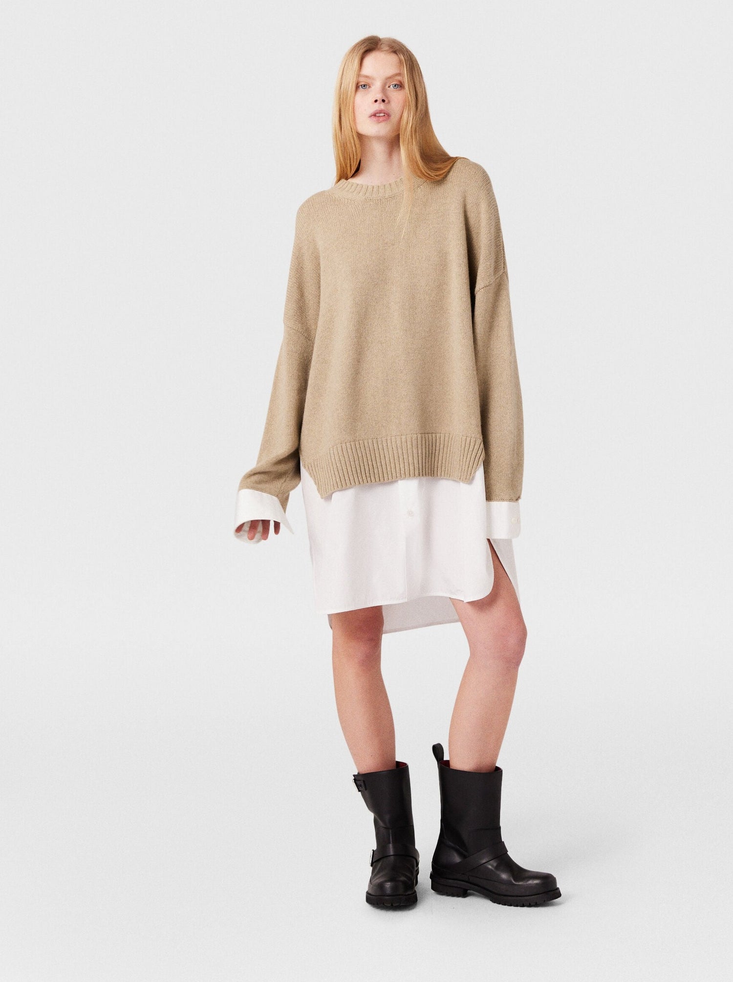 Merino And Poplin Jumper, Beige