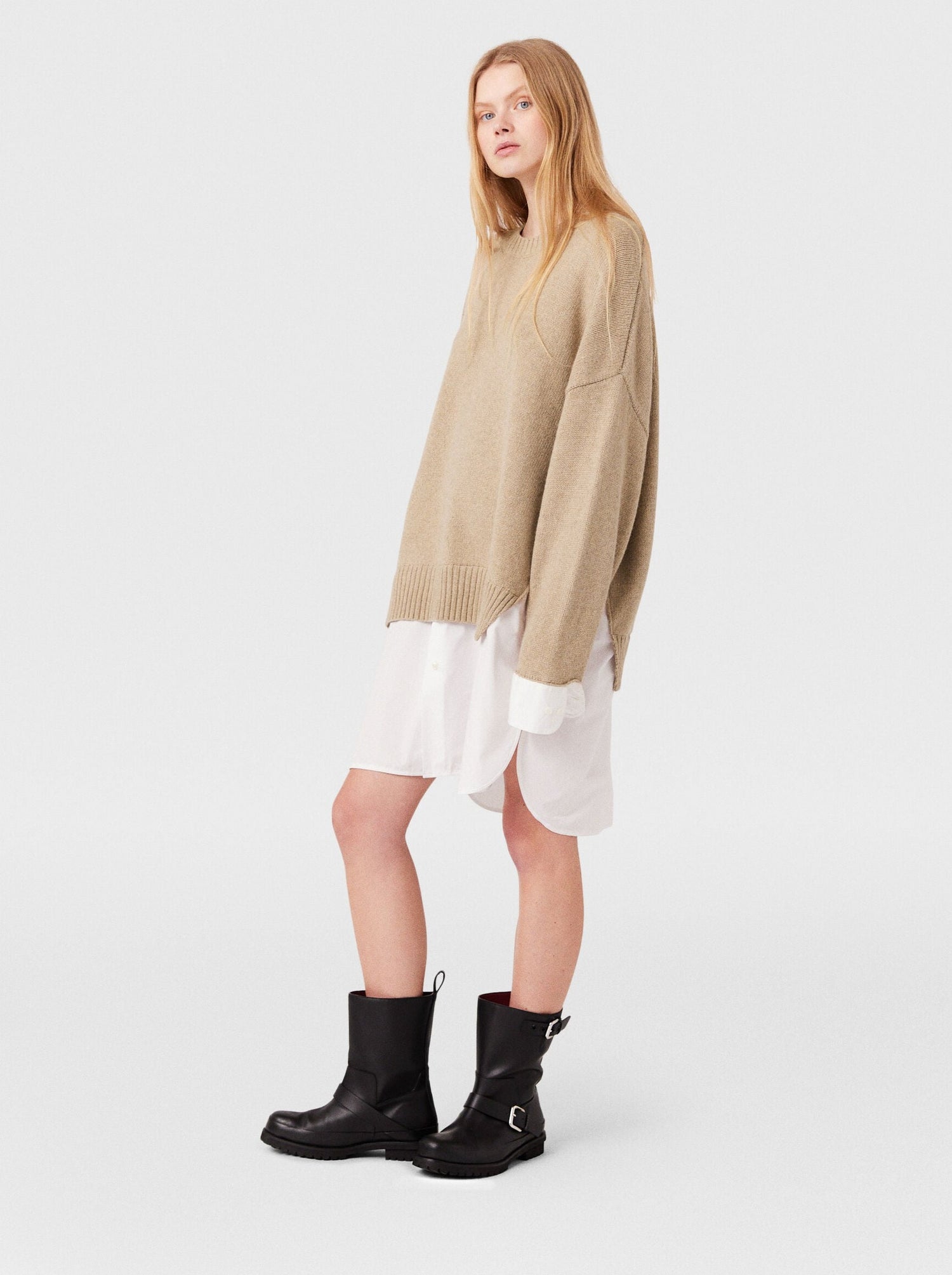 Merino And Poplin Jumper, Beige