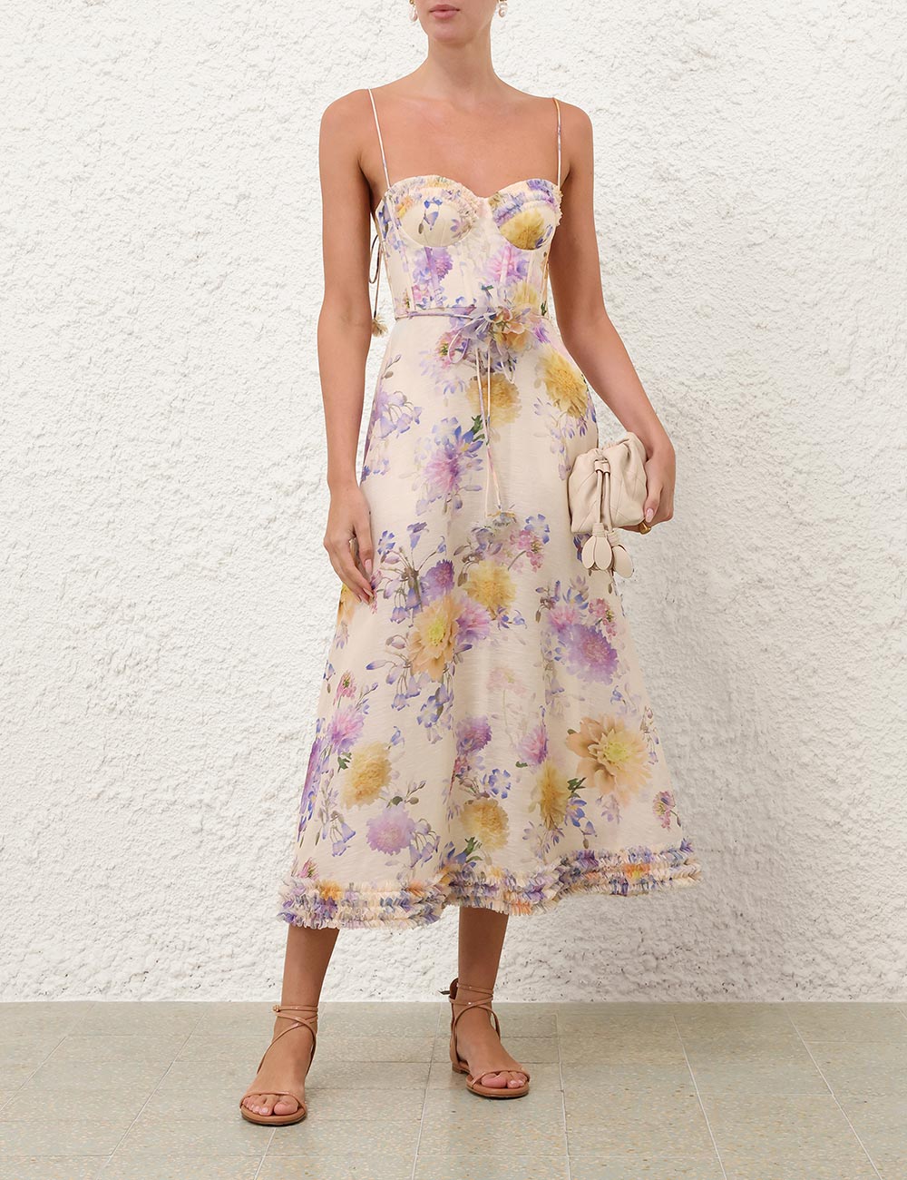Luna ruffle silk-linen strappy midi dress, cream-dahlia purple