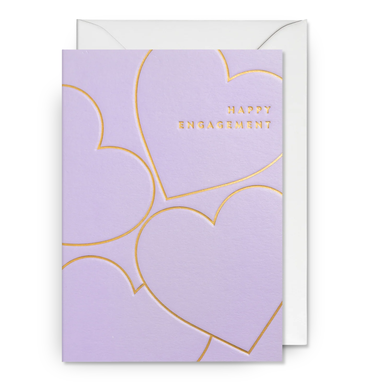 Purple card with gold hearts and 'Happy Engagement' text, featuring a white envelope.