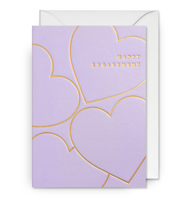 Purple card with gold hearts and 'Happy Engagement' text, featuring a white envelope.