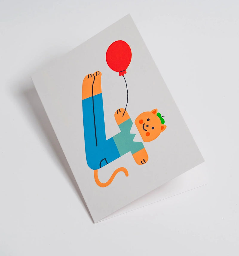 Balloon Cat Kid’s milestone 4th, birthday card