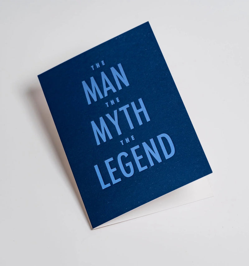 Blue card with 'The Man, The Myth, The Legend' text on a light gray background