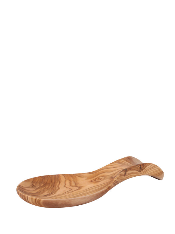 A spoon rest made of olive wood, with a smooth finish and curved design.