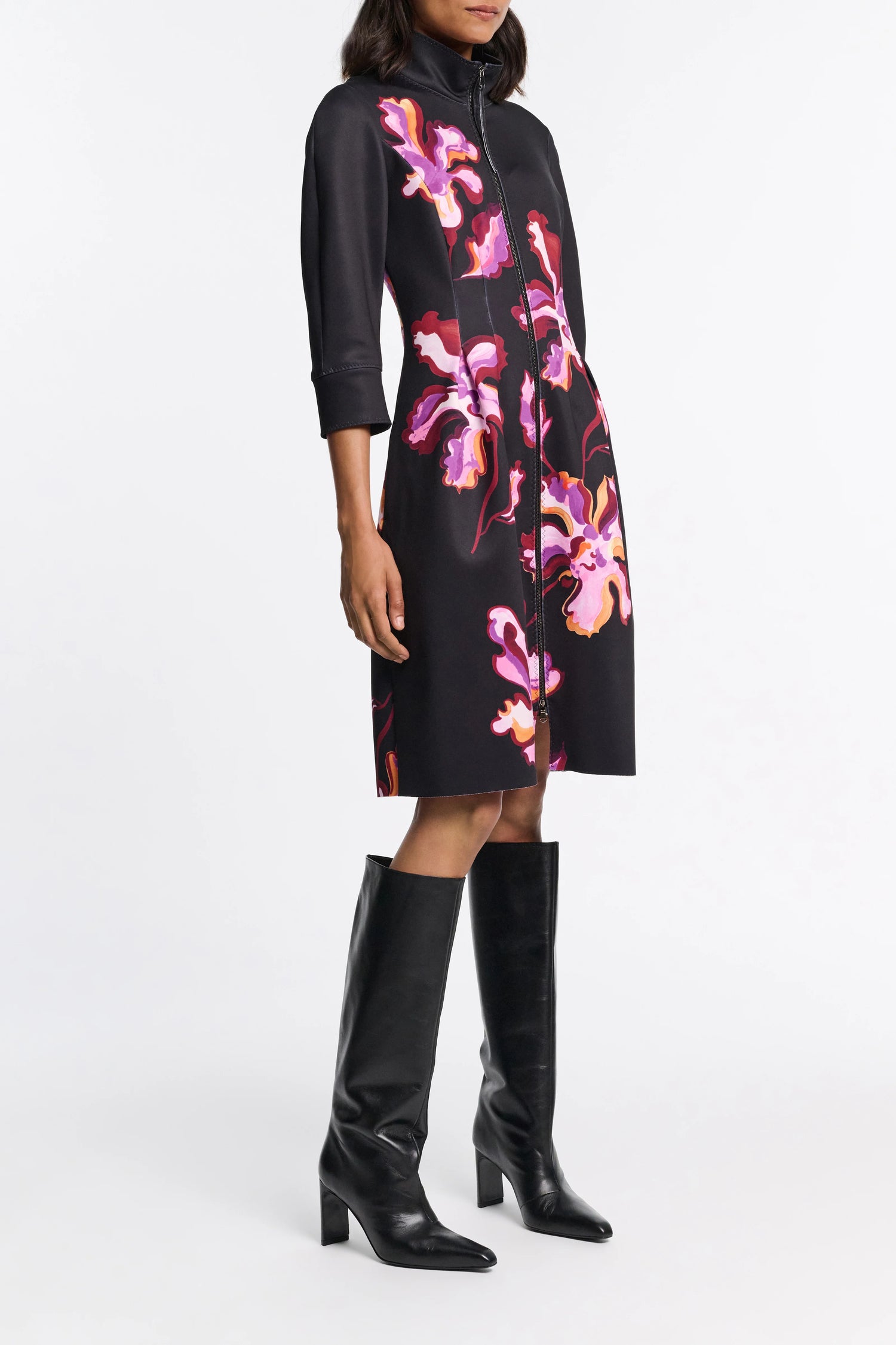 Flame flower neopren dress, black/purple