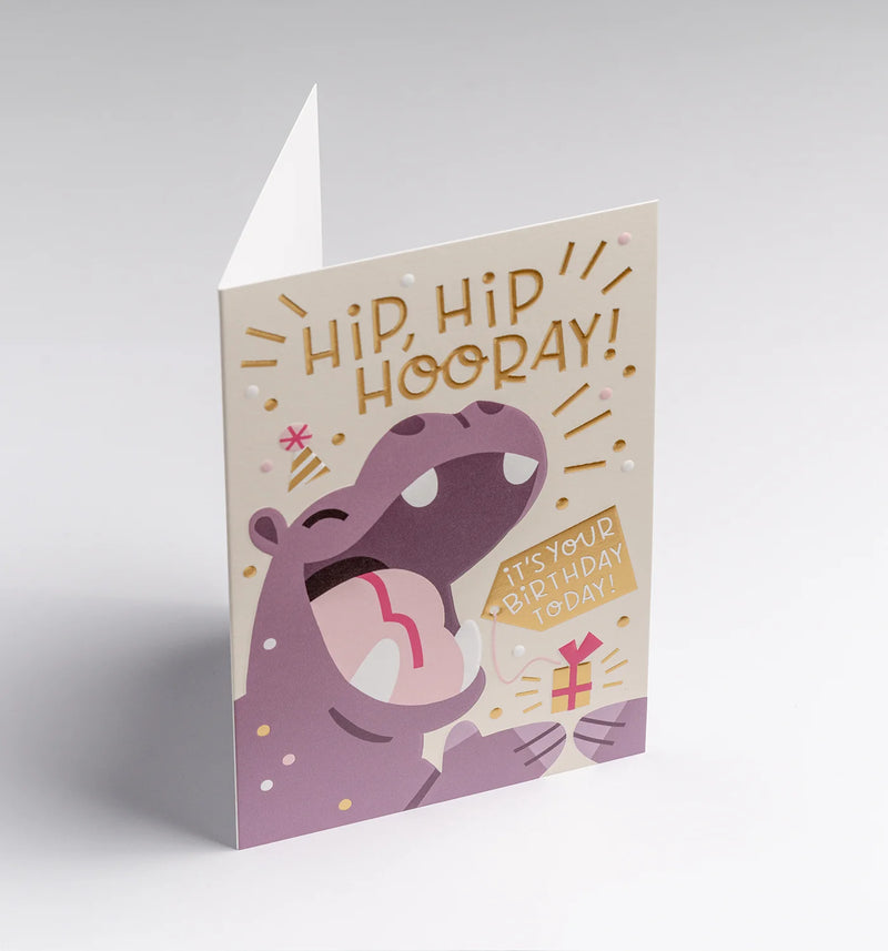Birthday card with a hippo illustration and 'Hip, Hip Hooray!' text on a gray background