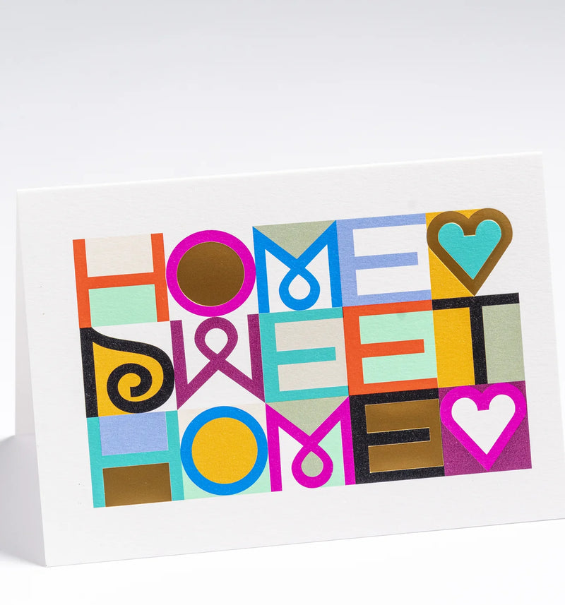 Colorful 'Home Sweet Home' card with abstract shapes on a white background