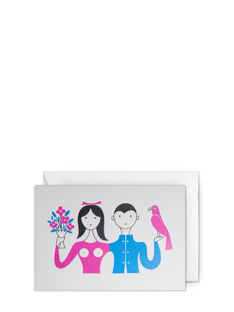 Greeting card with cartoon illustration of a couple holding flowers and a parrot on a white background