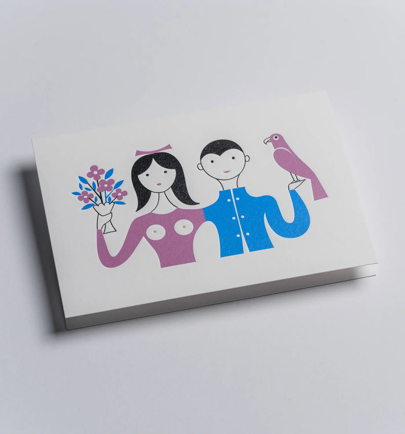 Card with illustrations of a couple and a bird on a white background