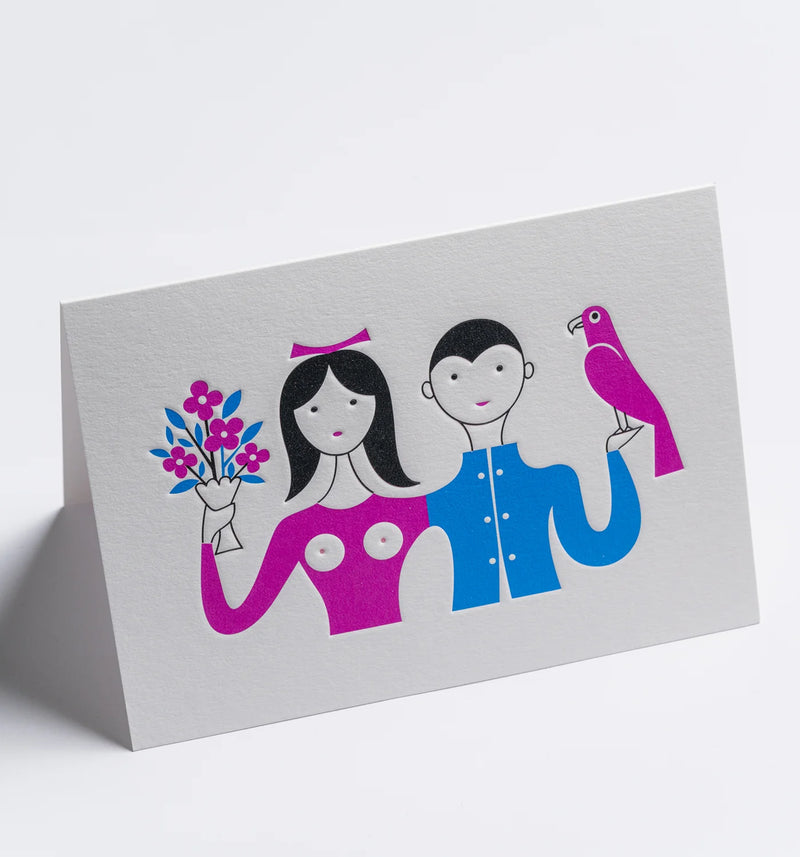 Greeting card with colorful illustrations of a couple and a bird on a white background