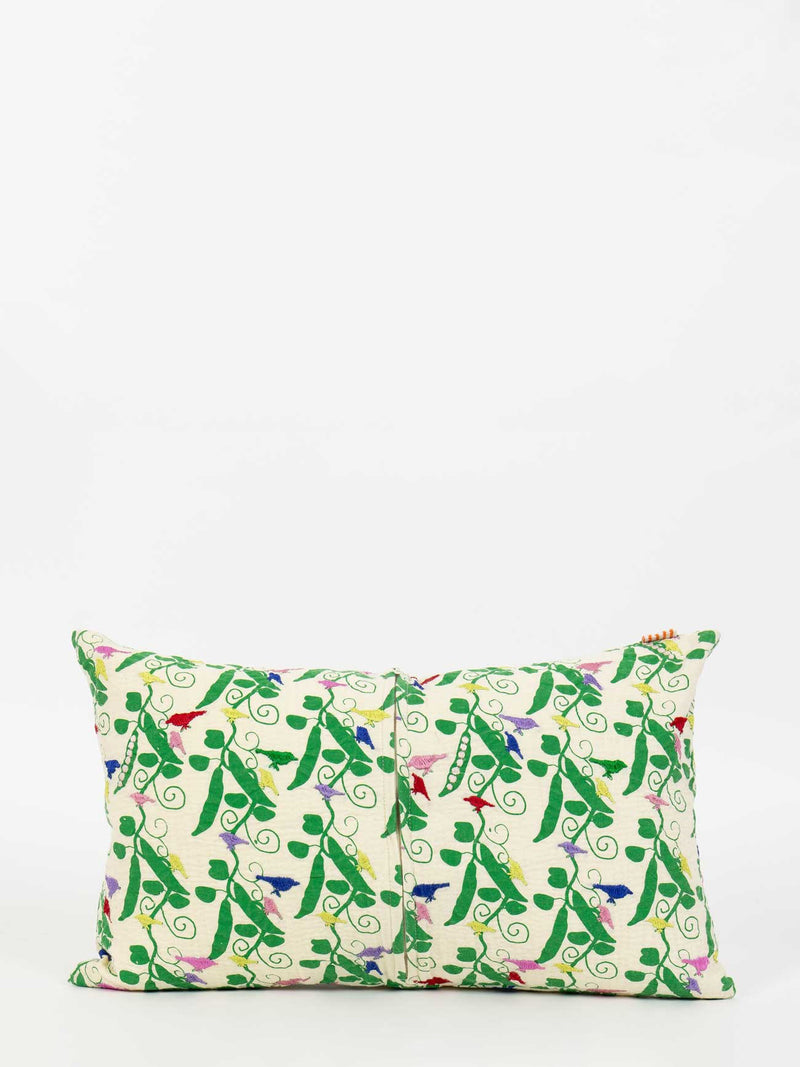 Peas & birds embroidered small cushion cover, green (30x50 cm)