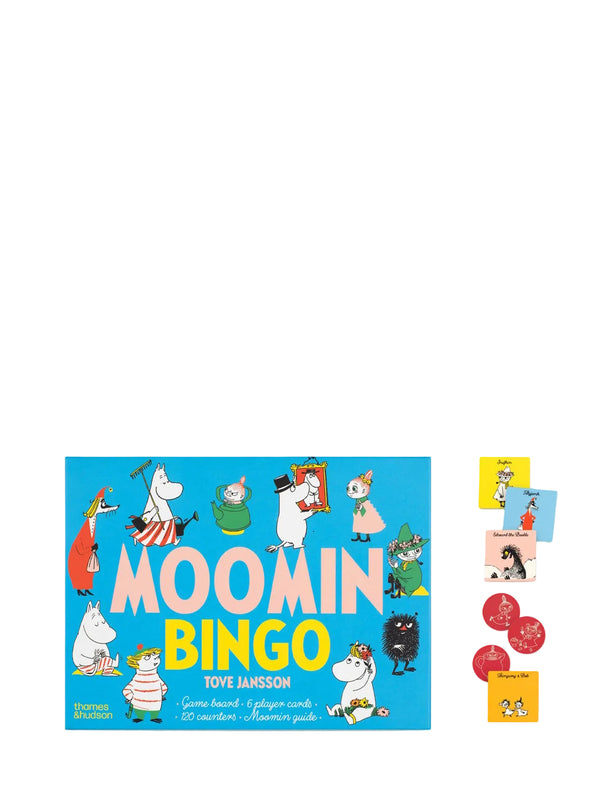 Moomin Bingo board game set with a bright blue game box featuring Moomin characters and several colorful bingo cards and red circular tokens on a light gray background.
