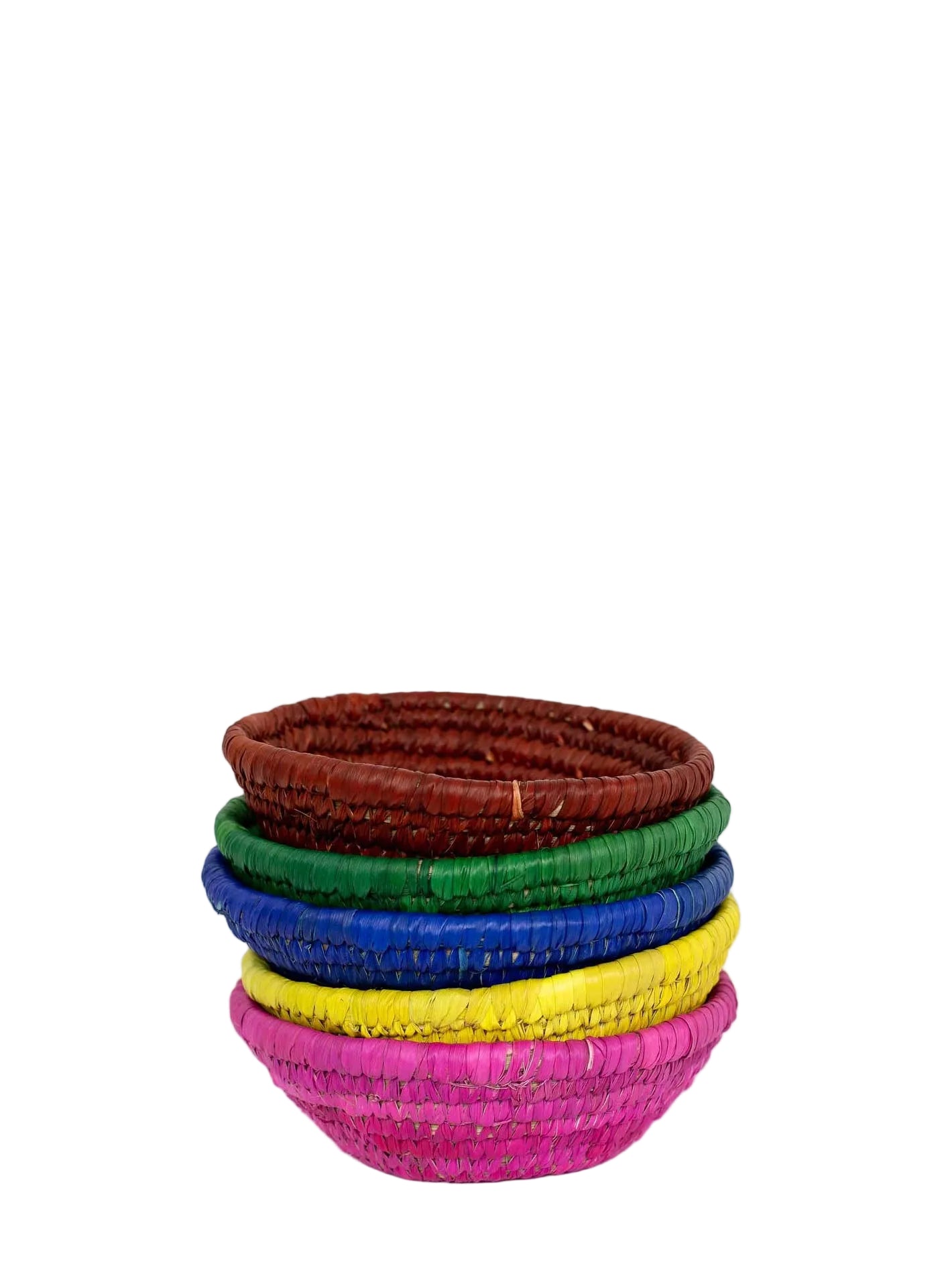 Stack of colorful woven mini baskets on a white background