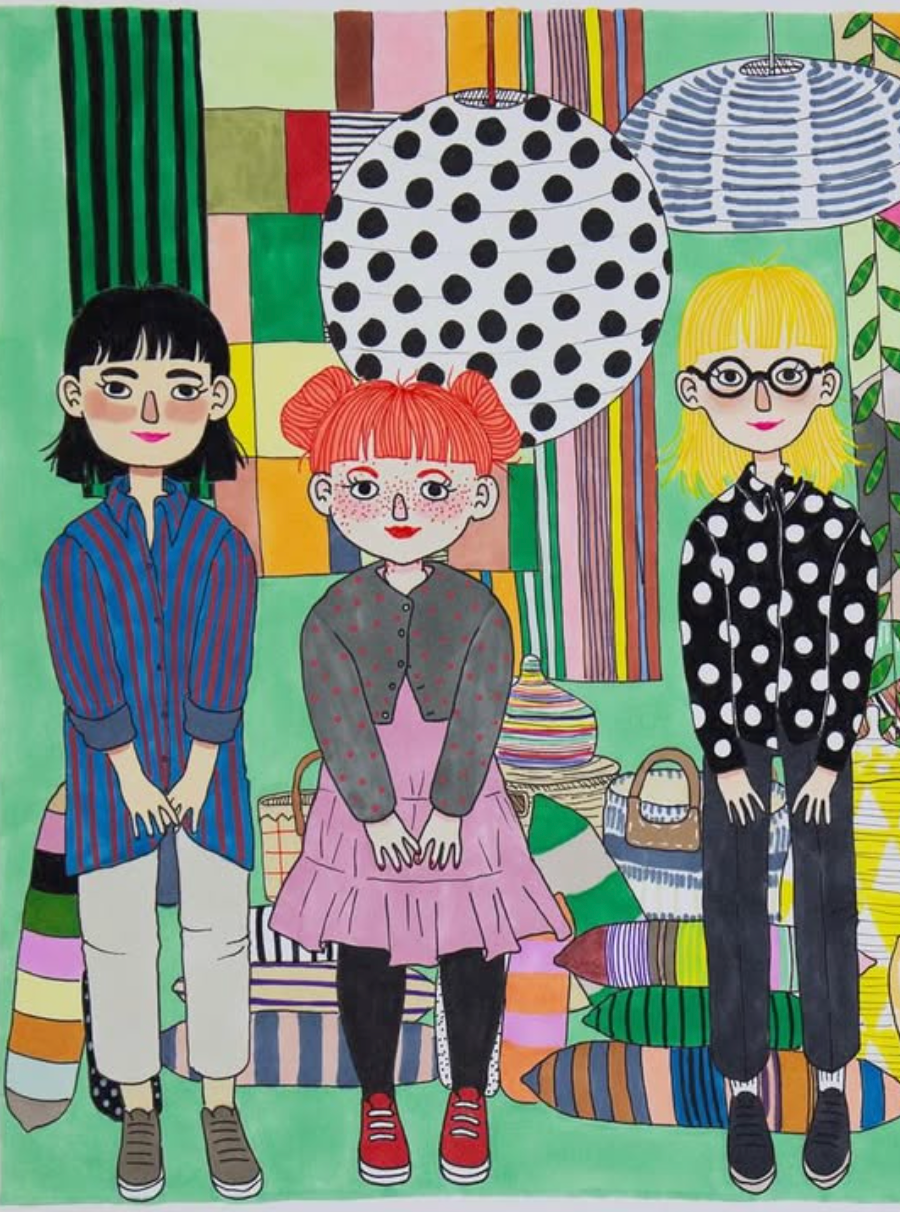 Illustration of three people with a polka dot  lamp shade above their heads against a colorful background. The Team of A World of Craft.