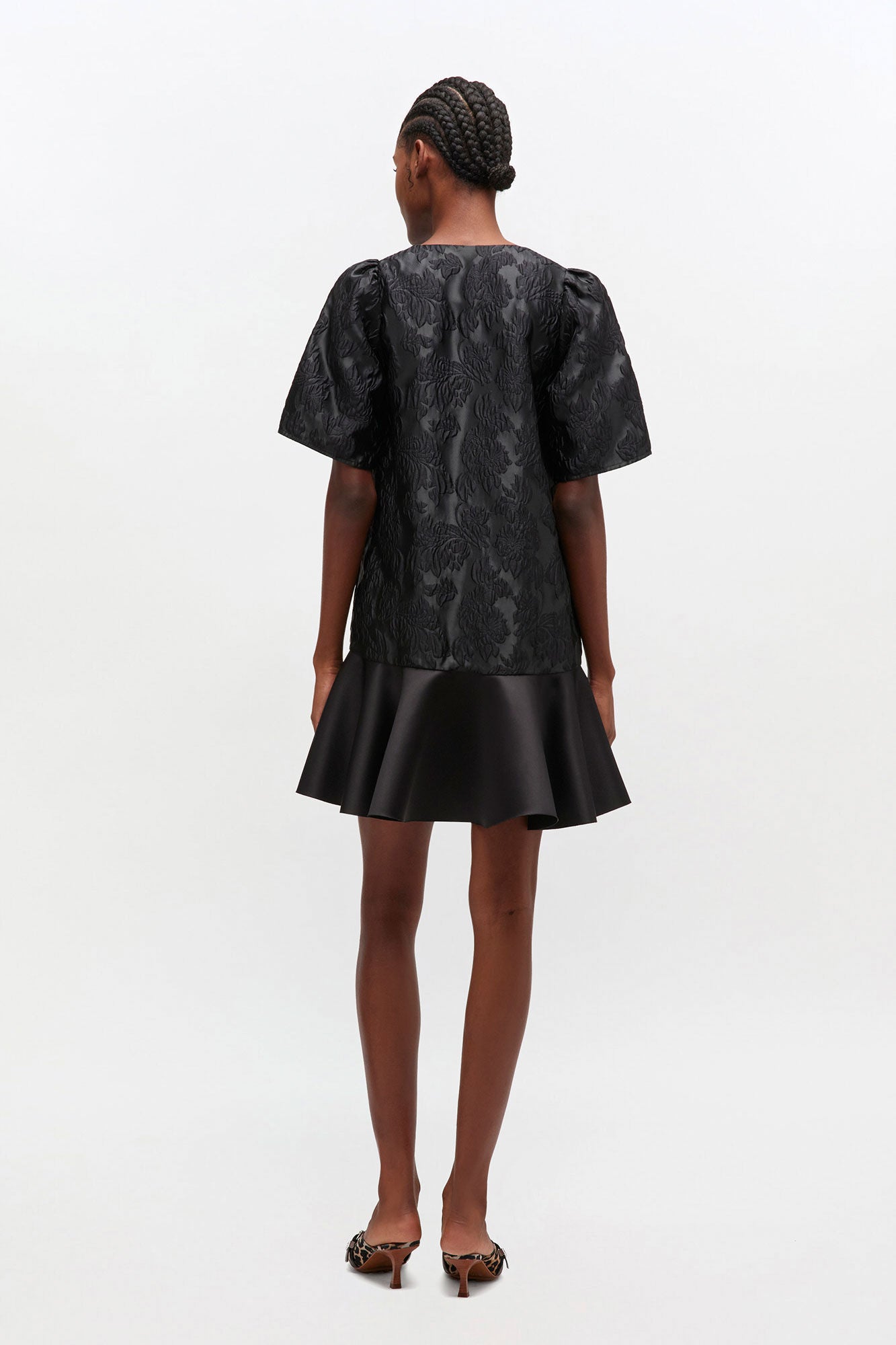 Satin cloque mini dress, black