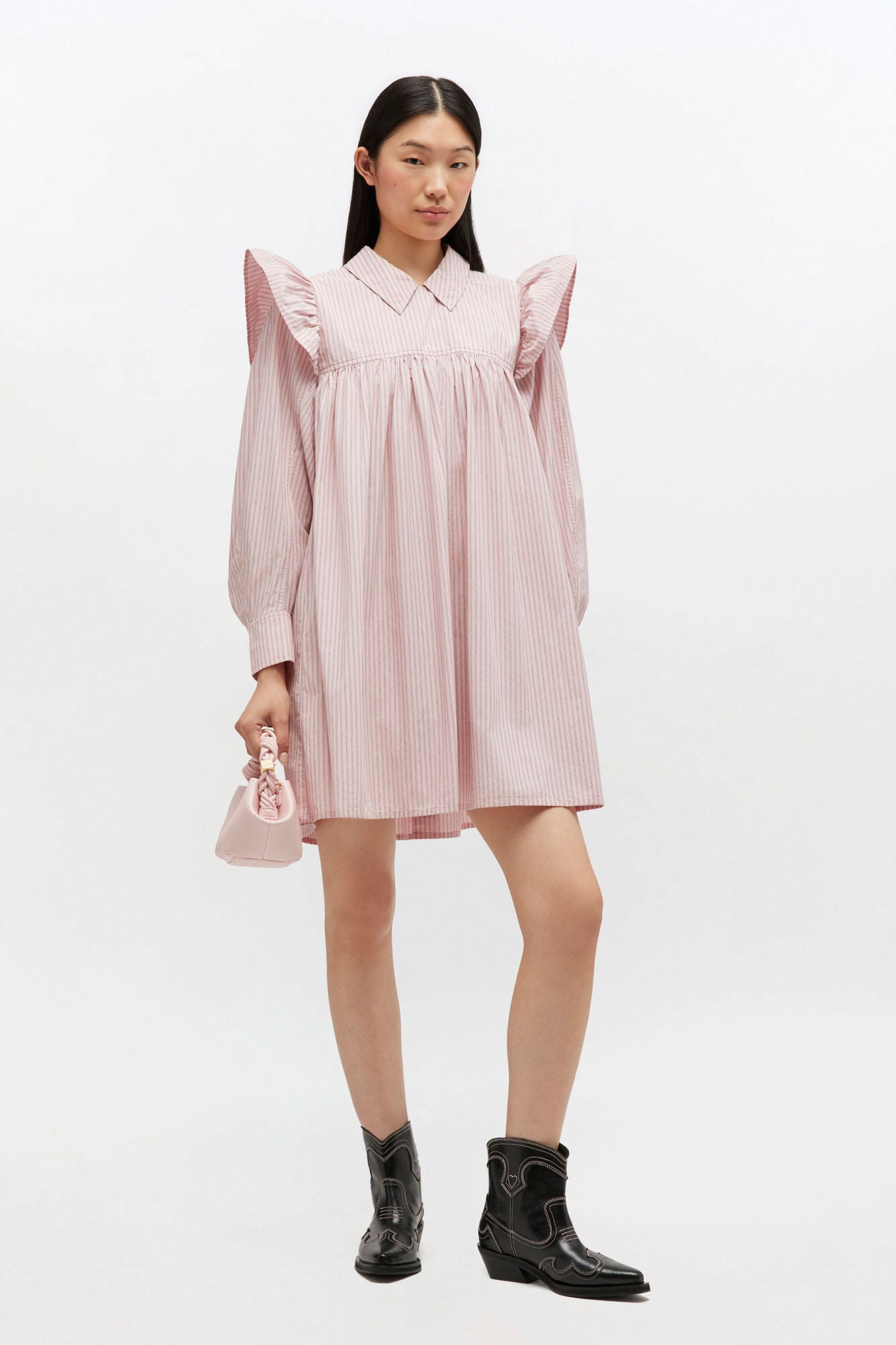Oxford stripe mini frill dress, pink