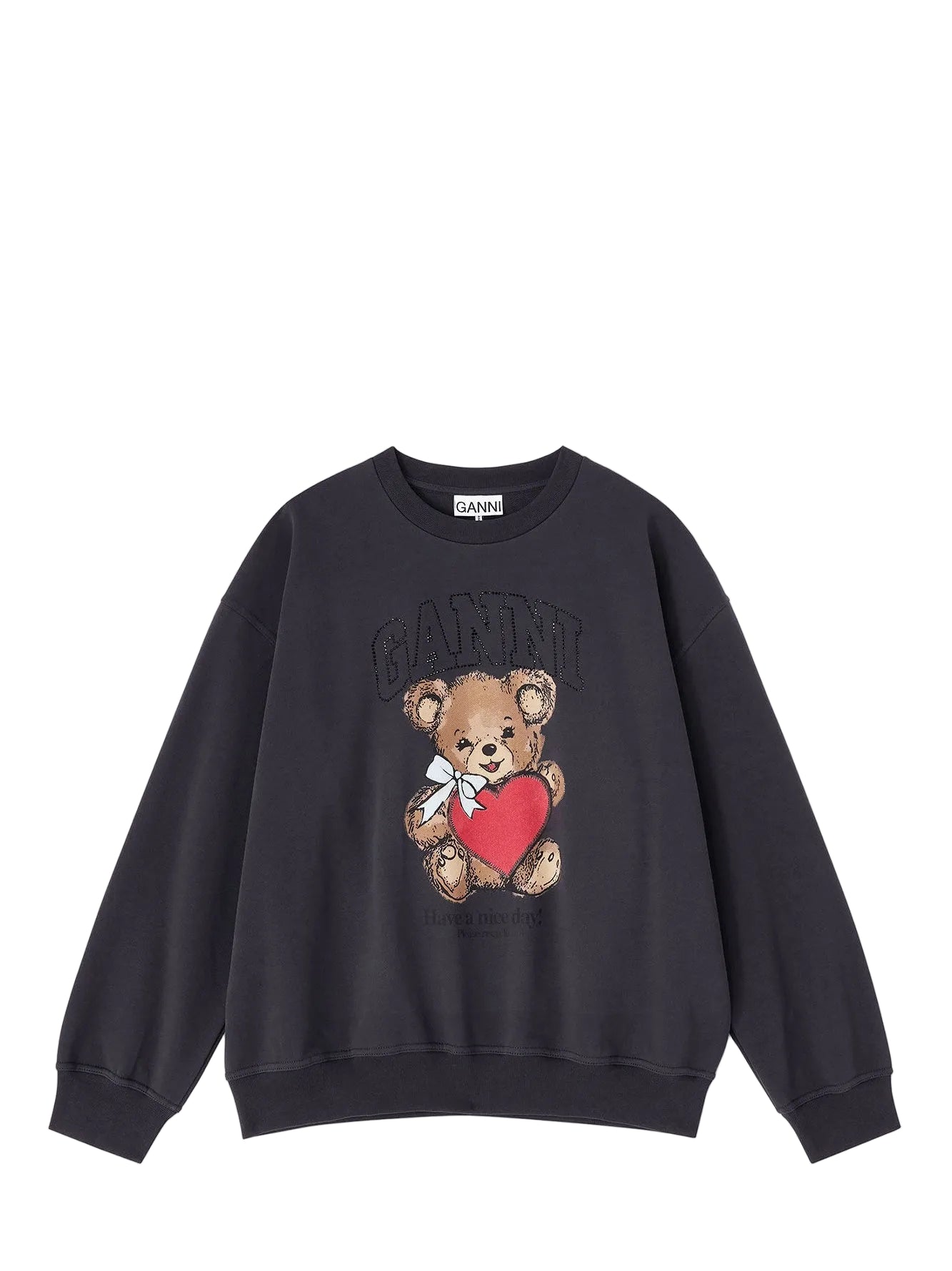 Black sweatshirt with teddy bear and heart design on a white background