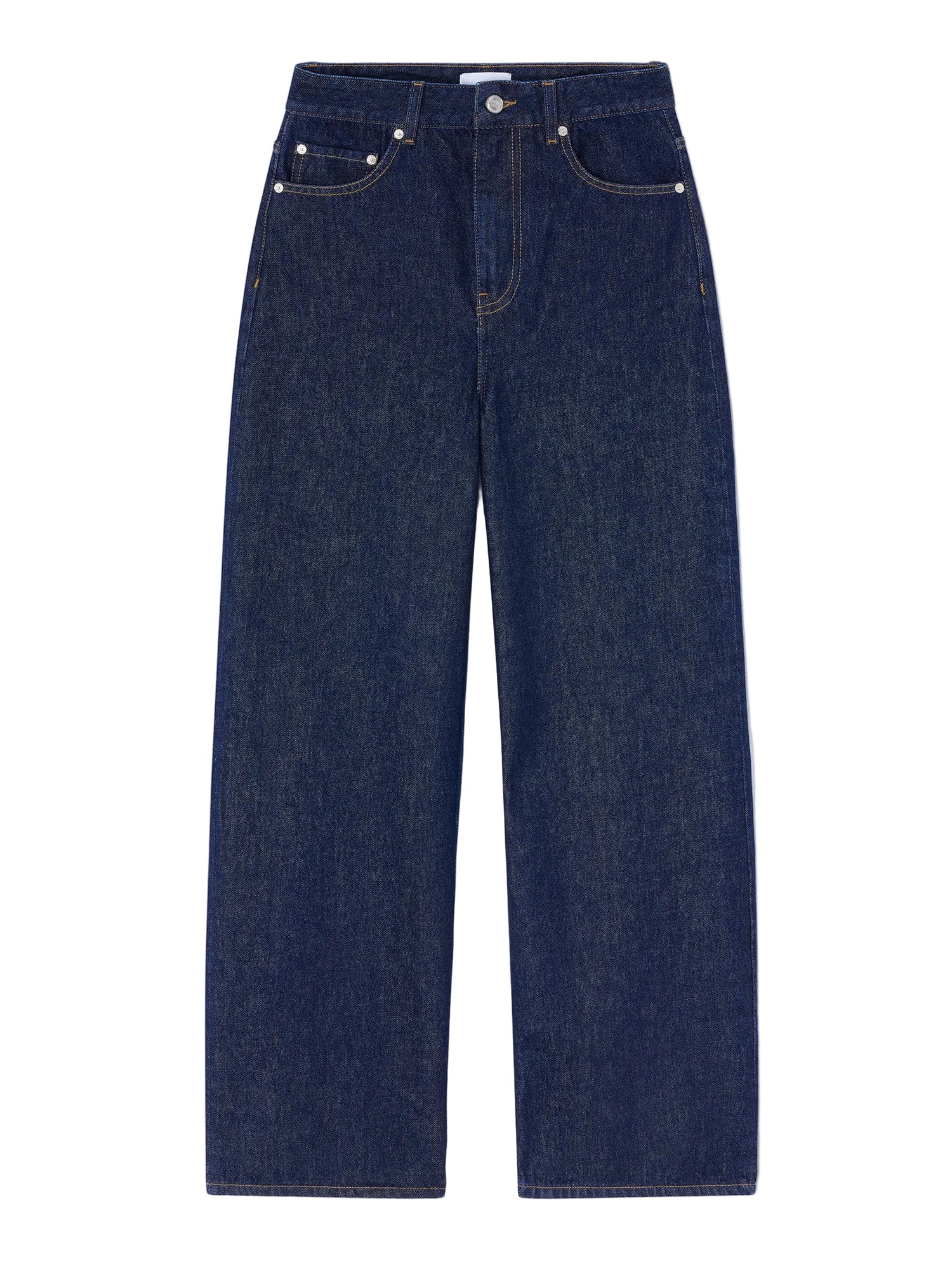 Blue jeans with decorative studs on a white background