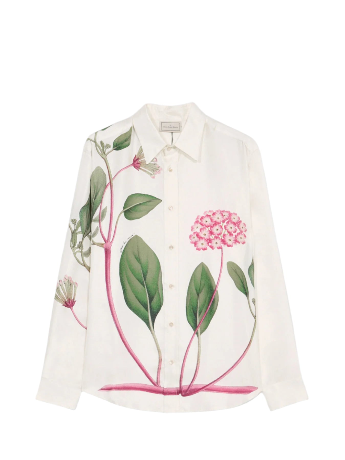 Aloegots long-sleeved silk shirt in flower print, white