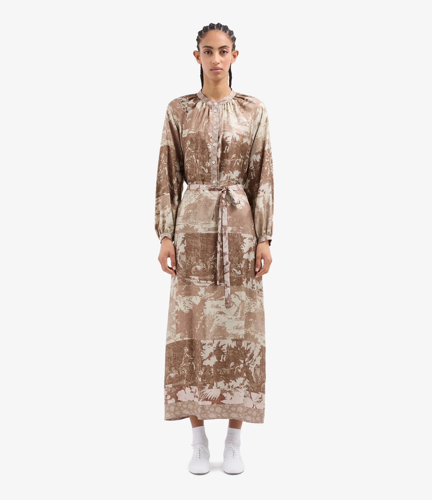 Aloe silk shirt dress, beige toile print