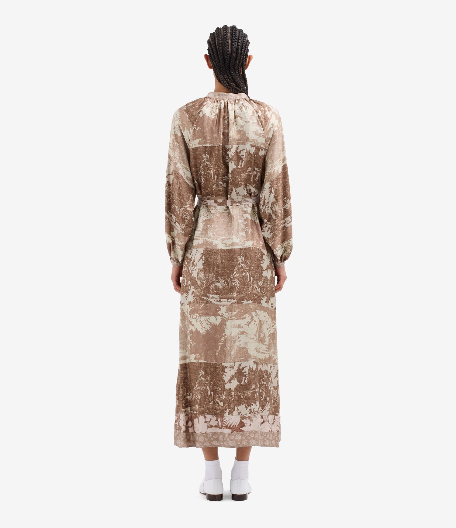 Aloe silk shirt dress, beige toile print