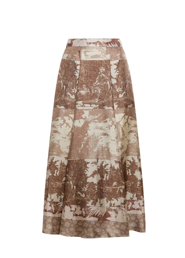 Aloe A-line silk skirt, beige tapestry print