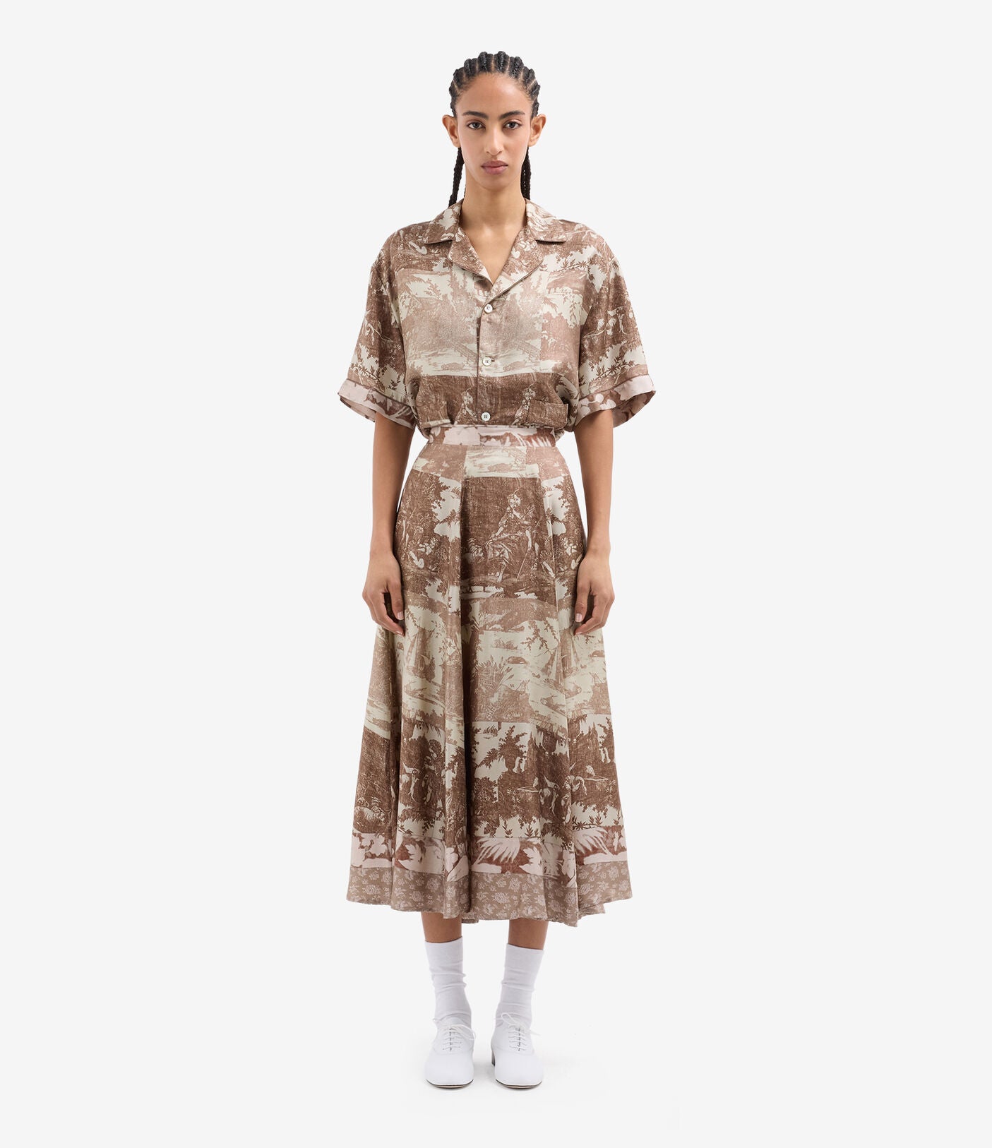 Aloe A-line silk skirt, beige tapestry print