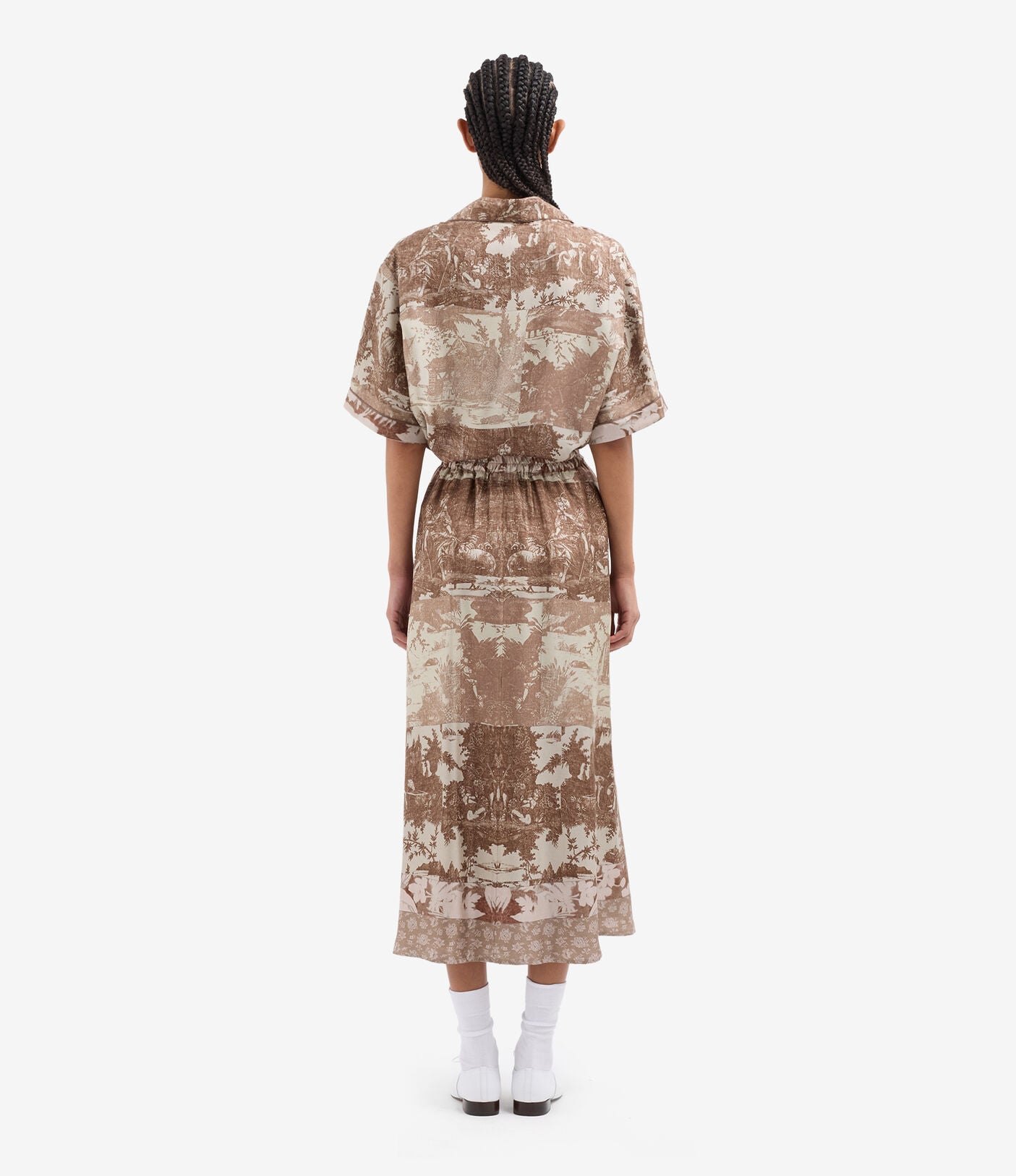 Aloe A-line silk skirt, beige tapestry print