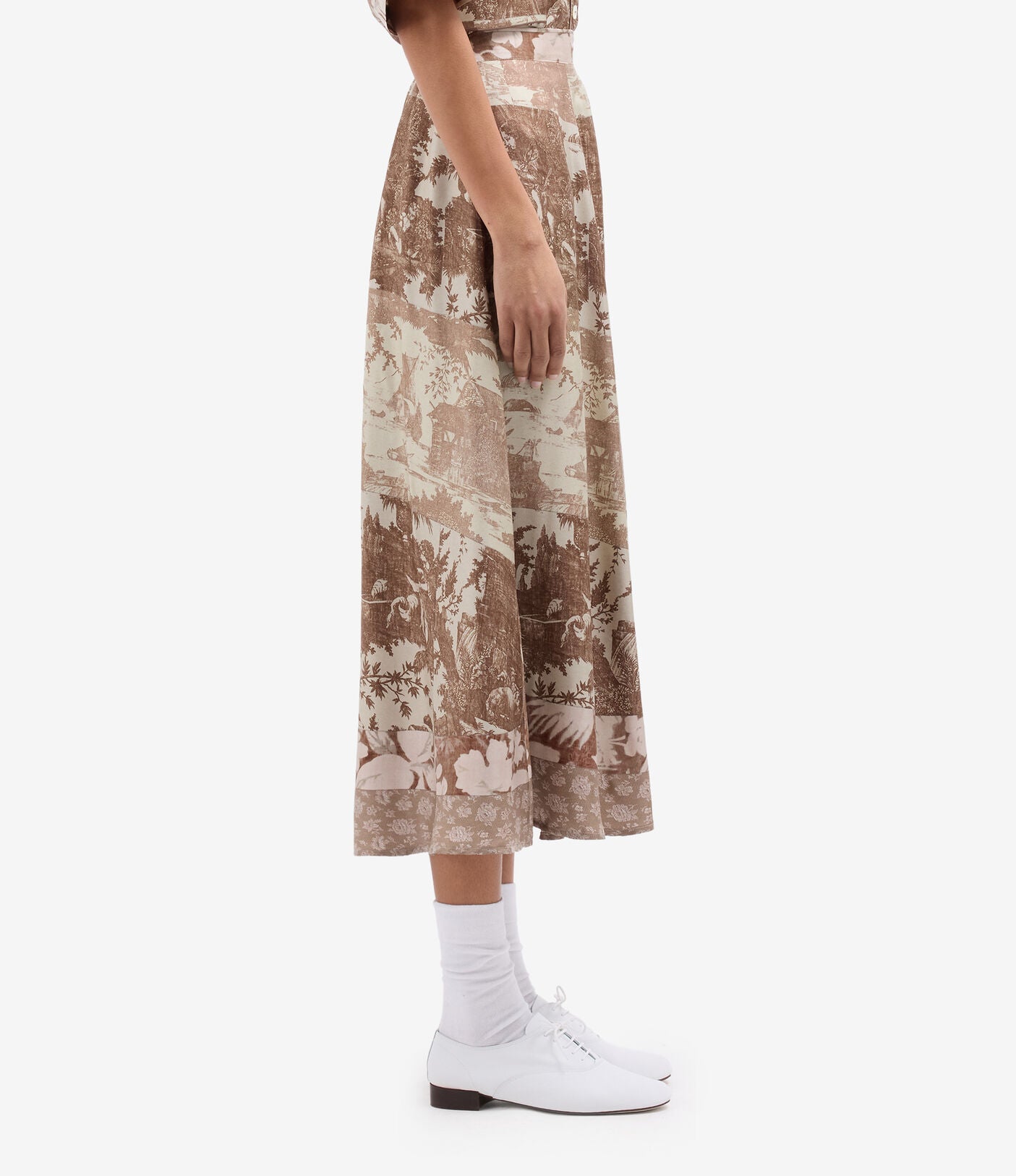 Aloe A-line silk skirt, beige tapestry print