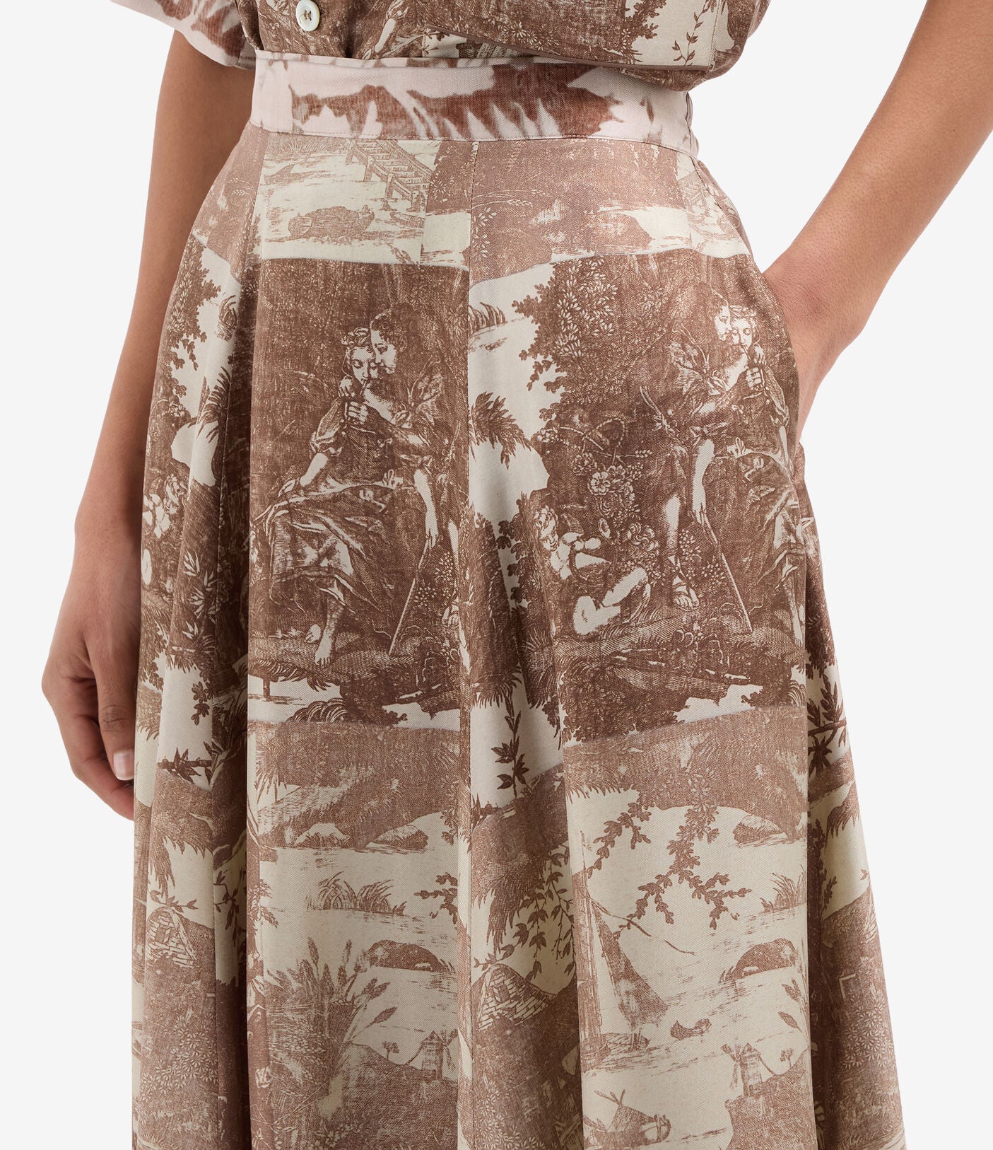 Aloe A-line silk skirt, beige tapestry print