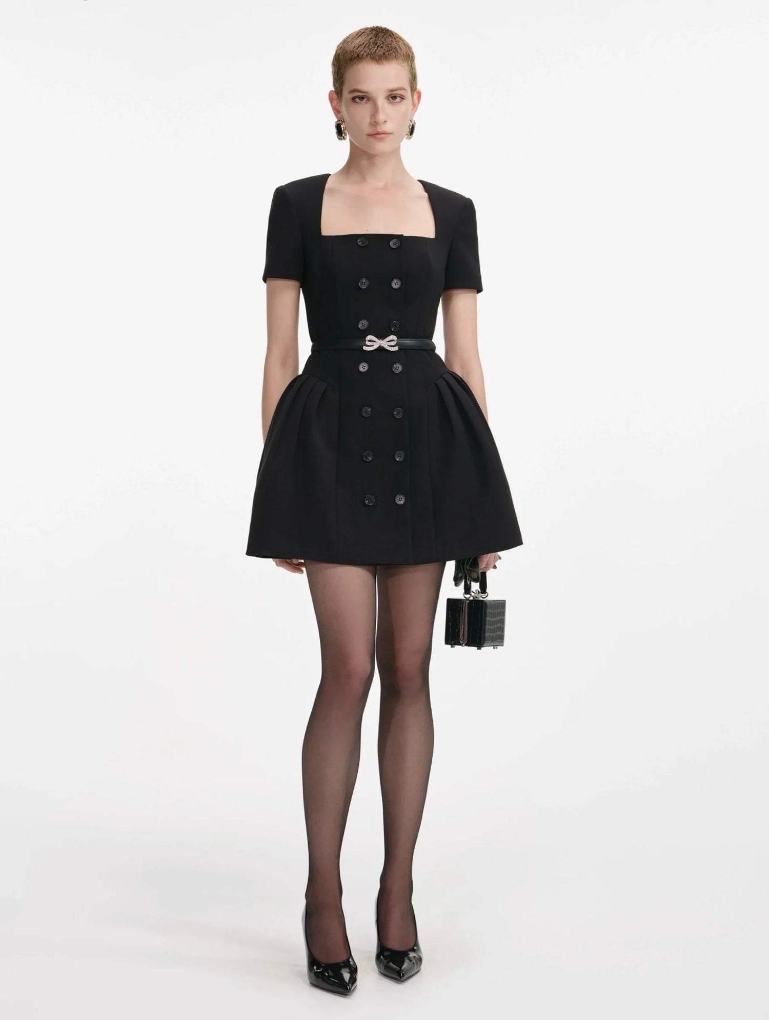 Short sleeve crepe mini dress, black