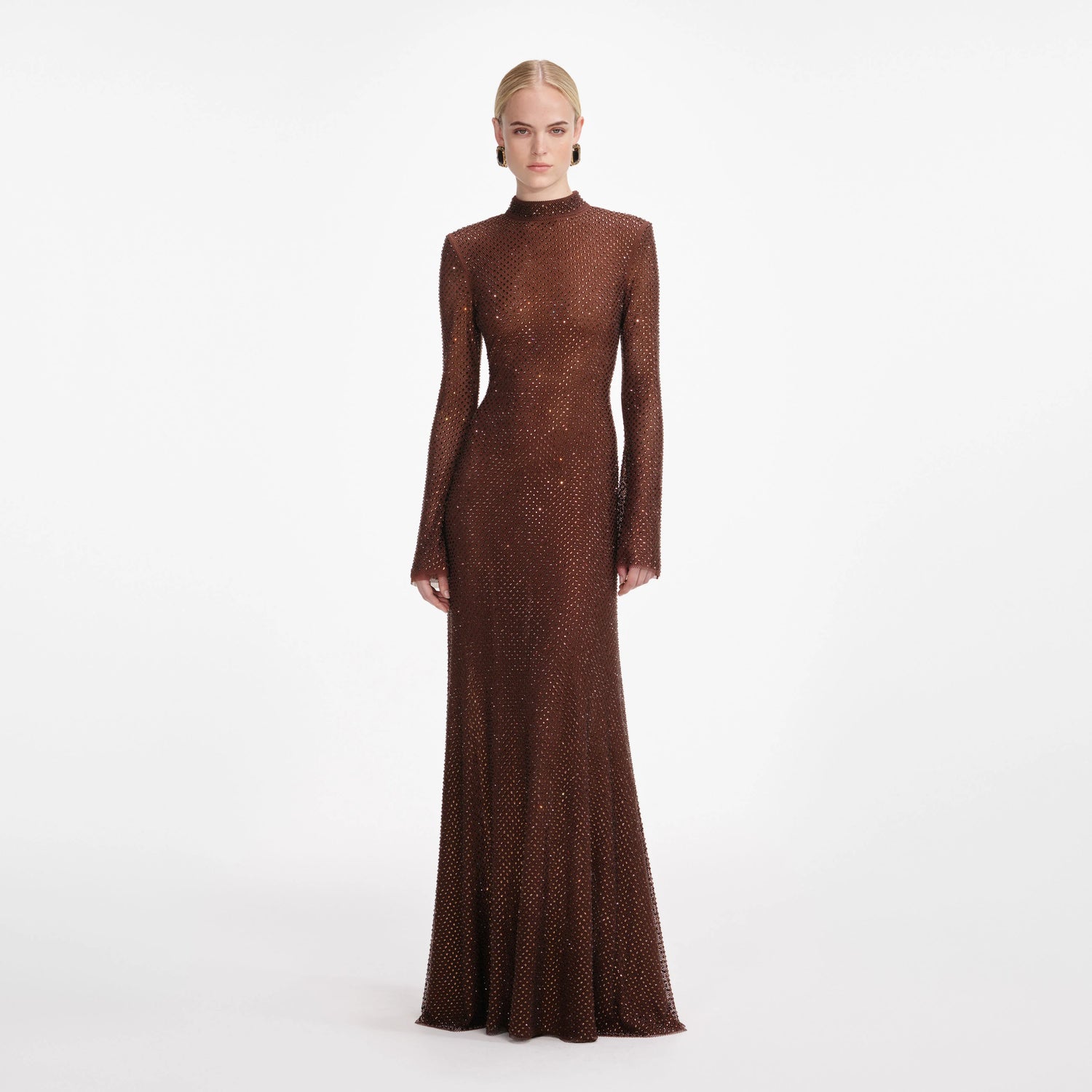 Rhinestone mesh maxi dress, brown