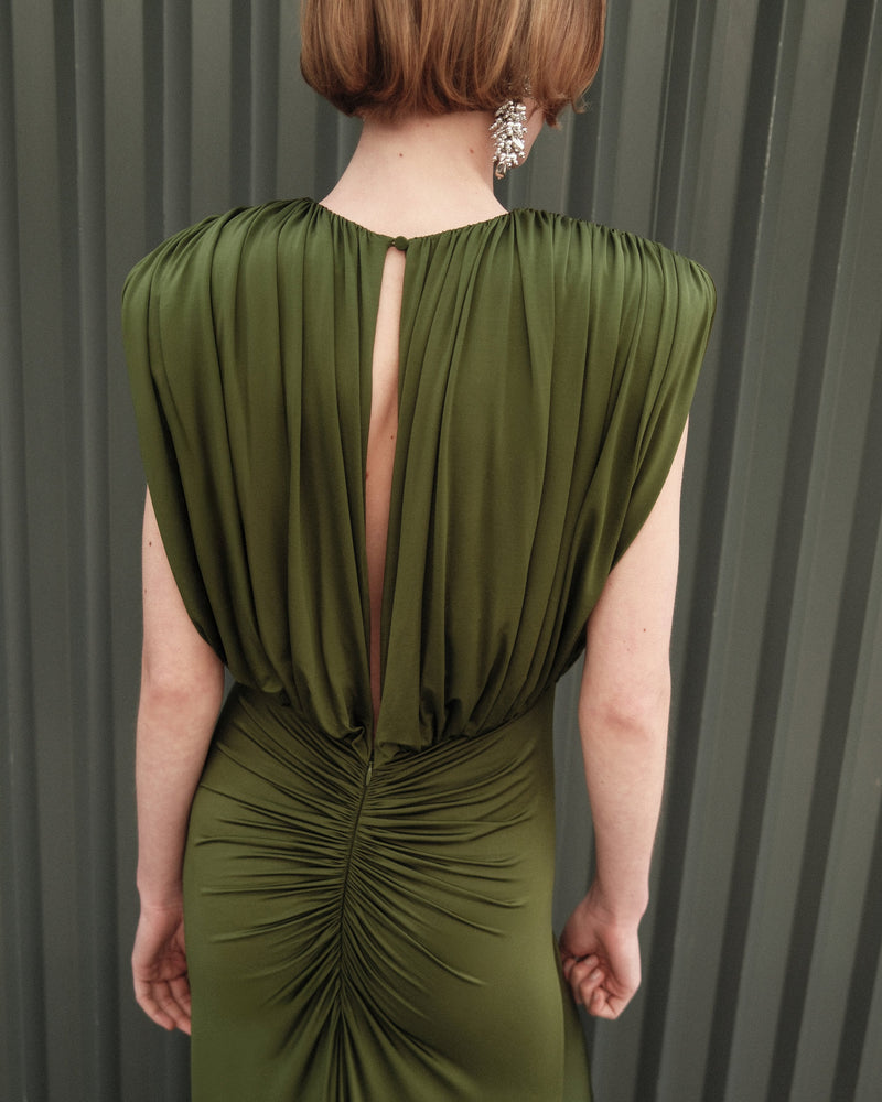 Jersey gathered maxi dress, olive