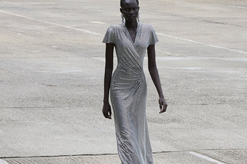 Rhinestone mesh wrap maxi dress, grey