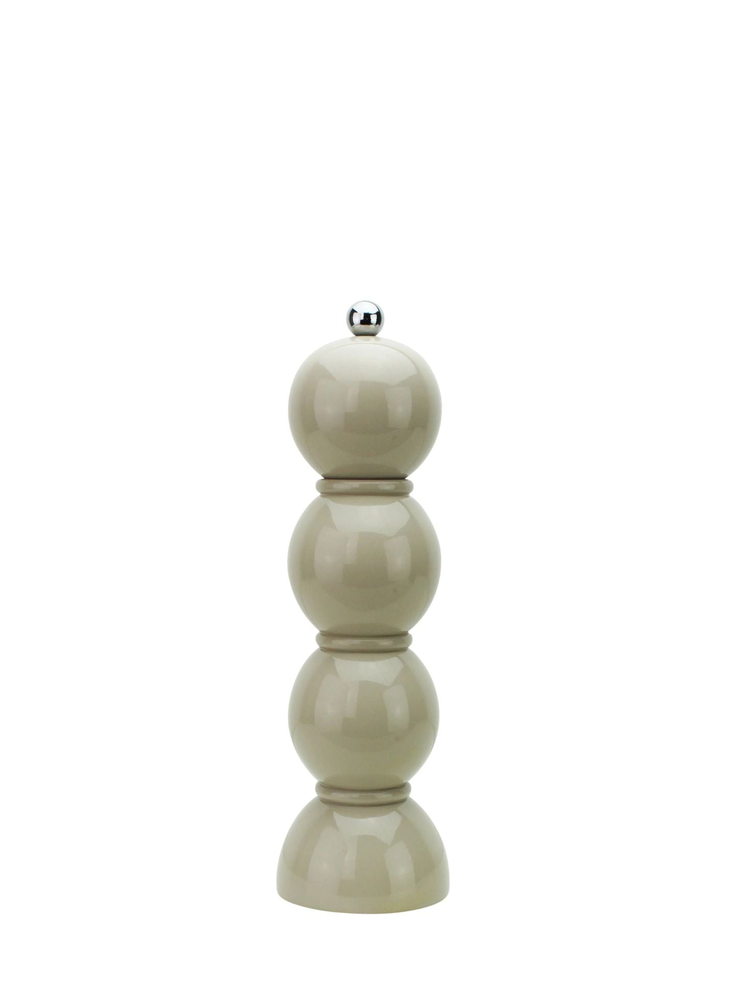 Beige ceramic pepper grinder on a white background