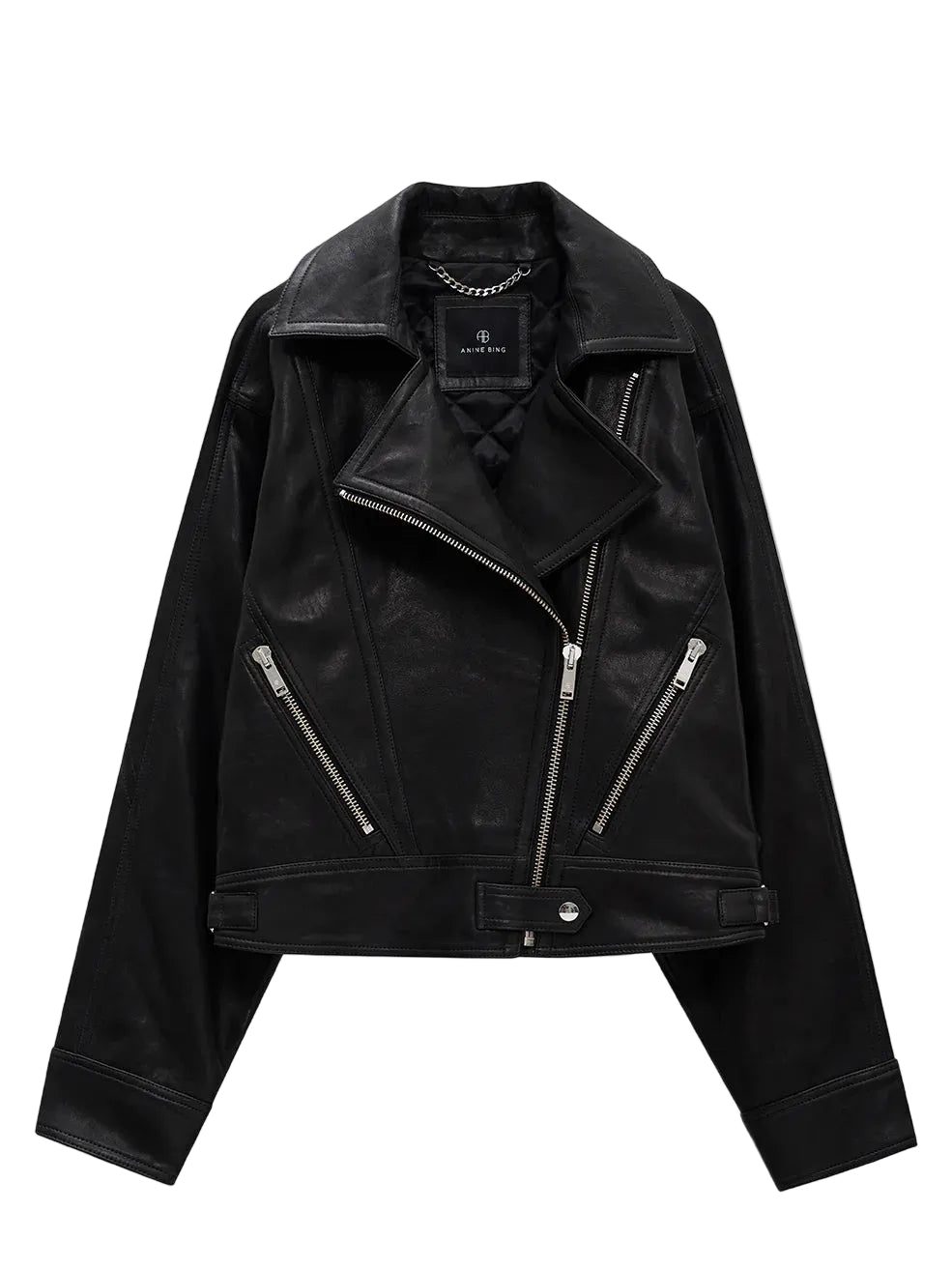 Black leather jacket with silver zippers on a white background