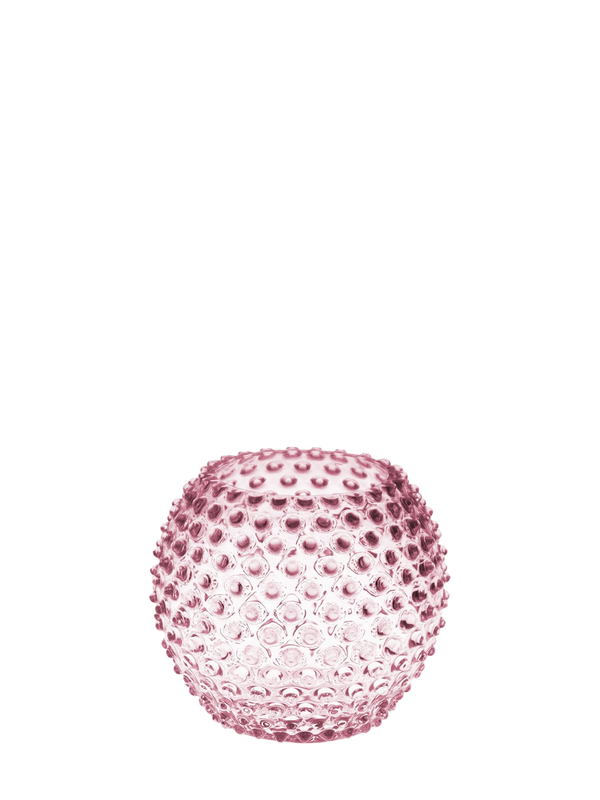 A small, rose pink, hobnail patterned crystal globe vase made of thick mouth-blown crystal glass on white backround.