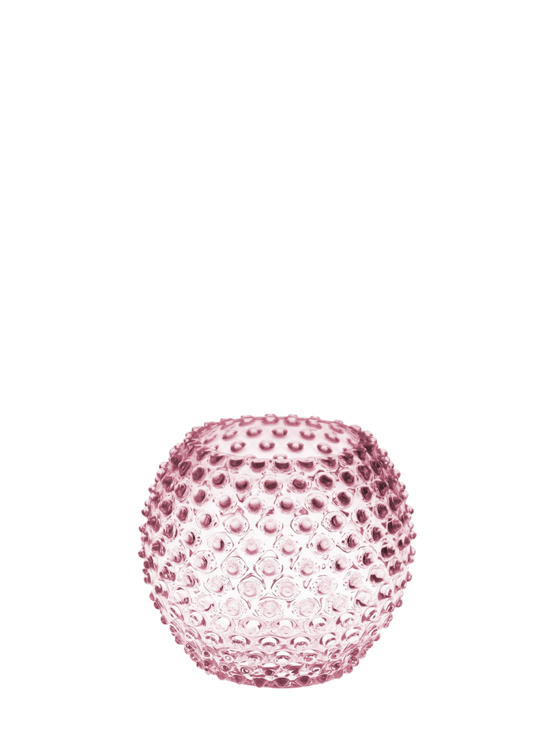 A small, rose pink, hobnail patterned crystal globe vase made of thick mouth-blown crystal glass on white backround.