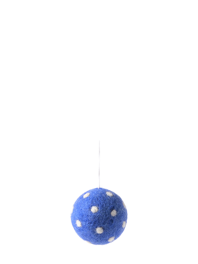 Woollen ball hanging ornament, blue w/white dots