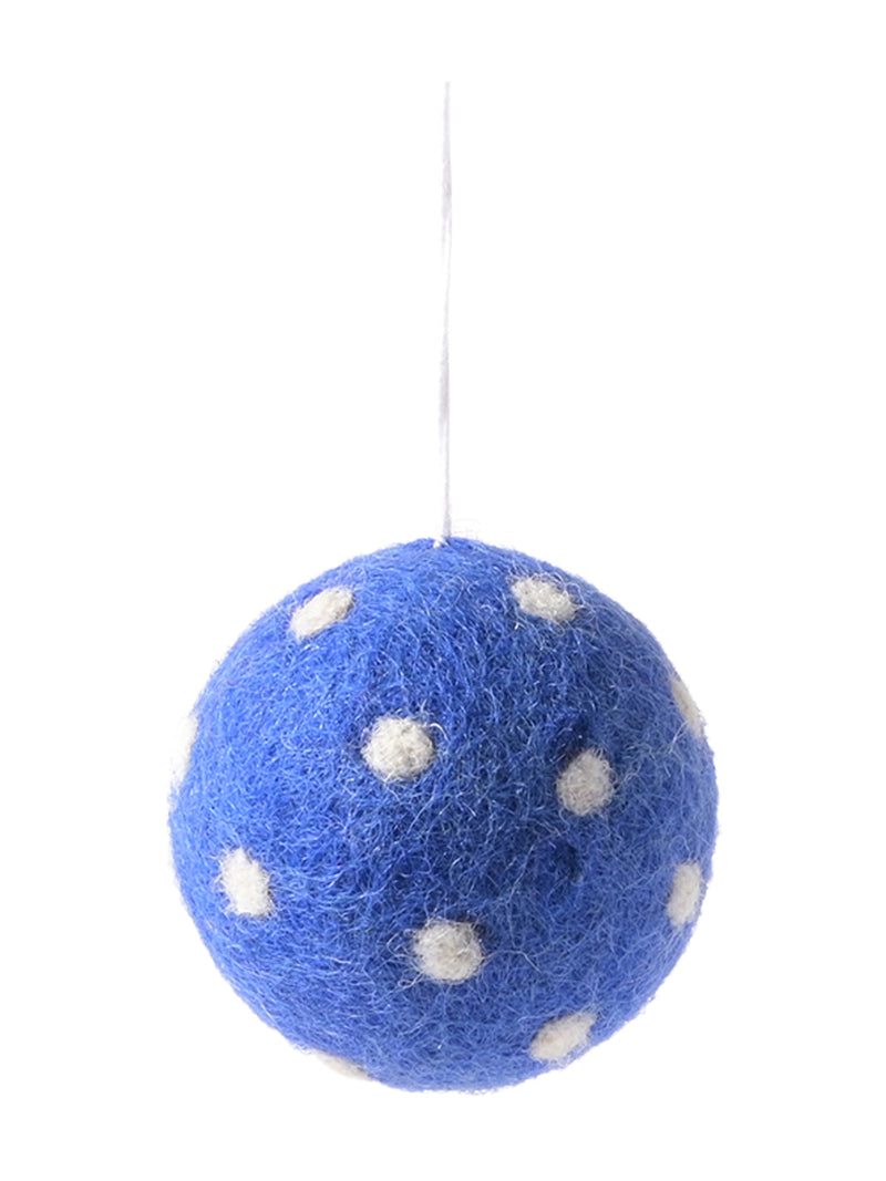 Woollen ball hanging ornament, blue w/white dots