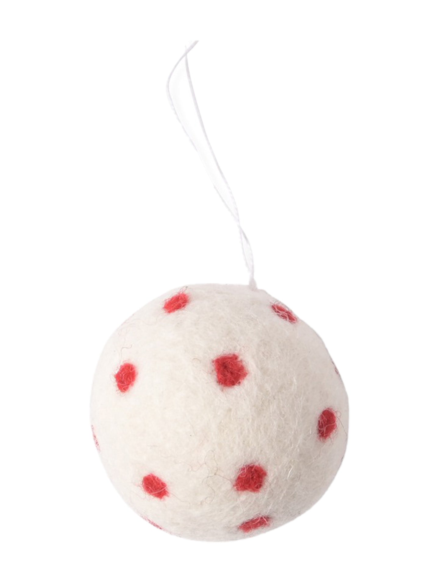Woollen ball hanging ornament, ivory w/red dots