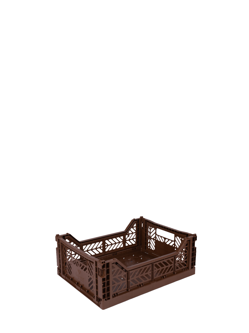 Easy to fold when not in use, the Aykasa medium size plastic storage crate in trendy mid brown can be stacked on top of each other and the colour range has a perfect hue for any room.