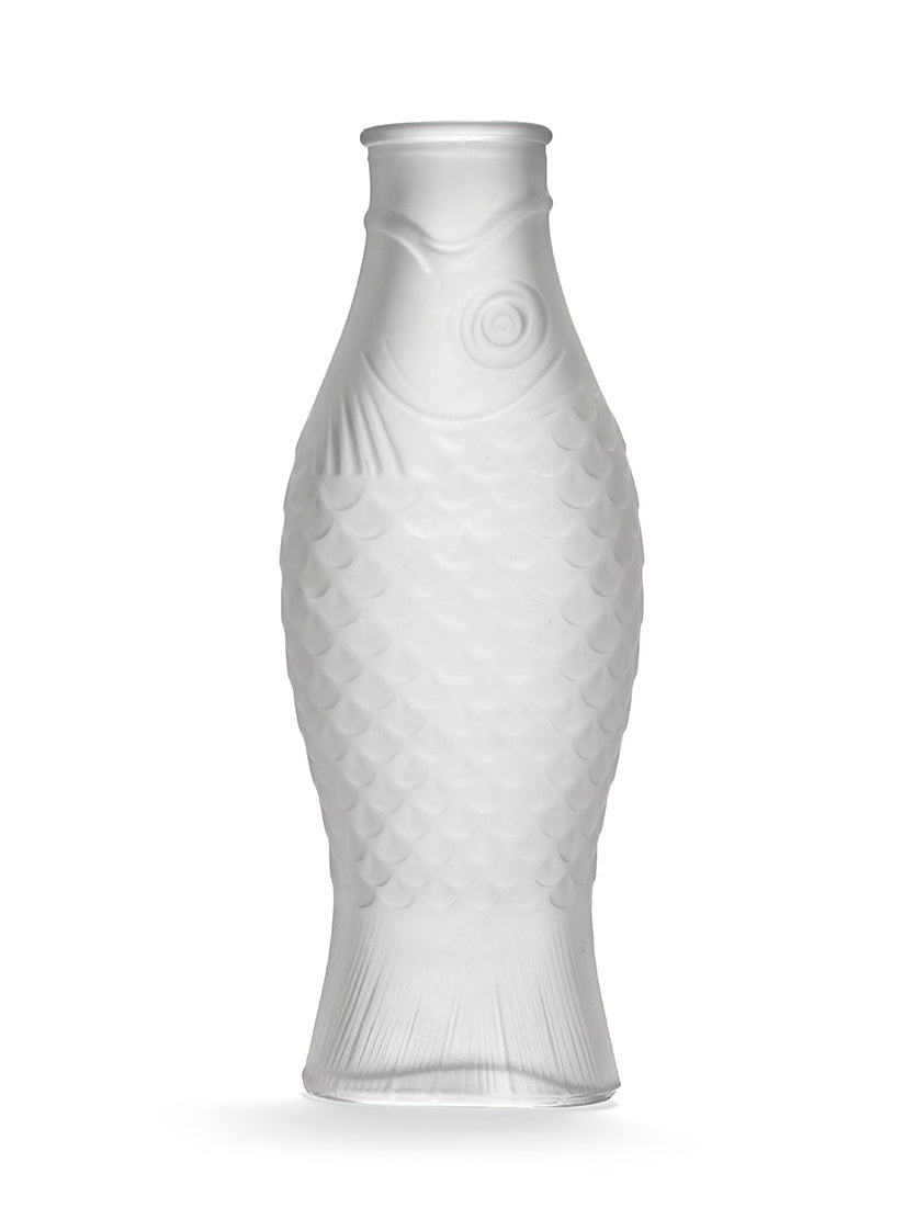 White frosted fish textured and shaped bottle on a white background