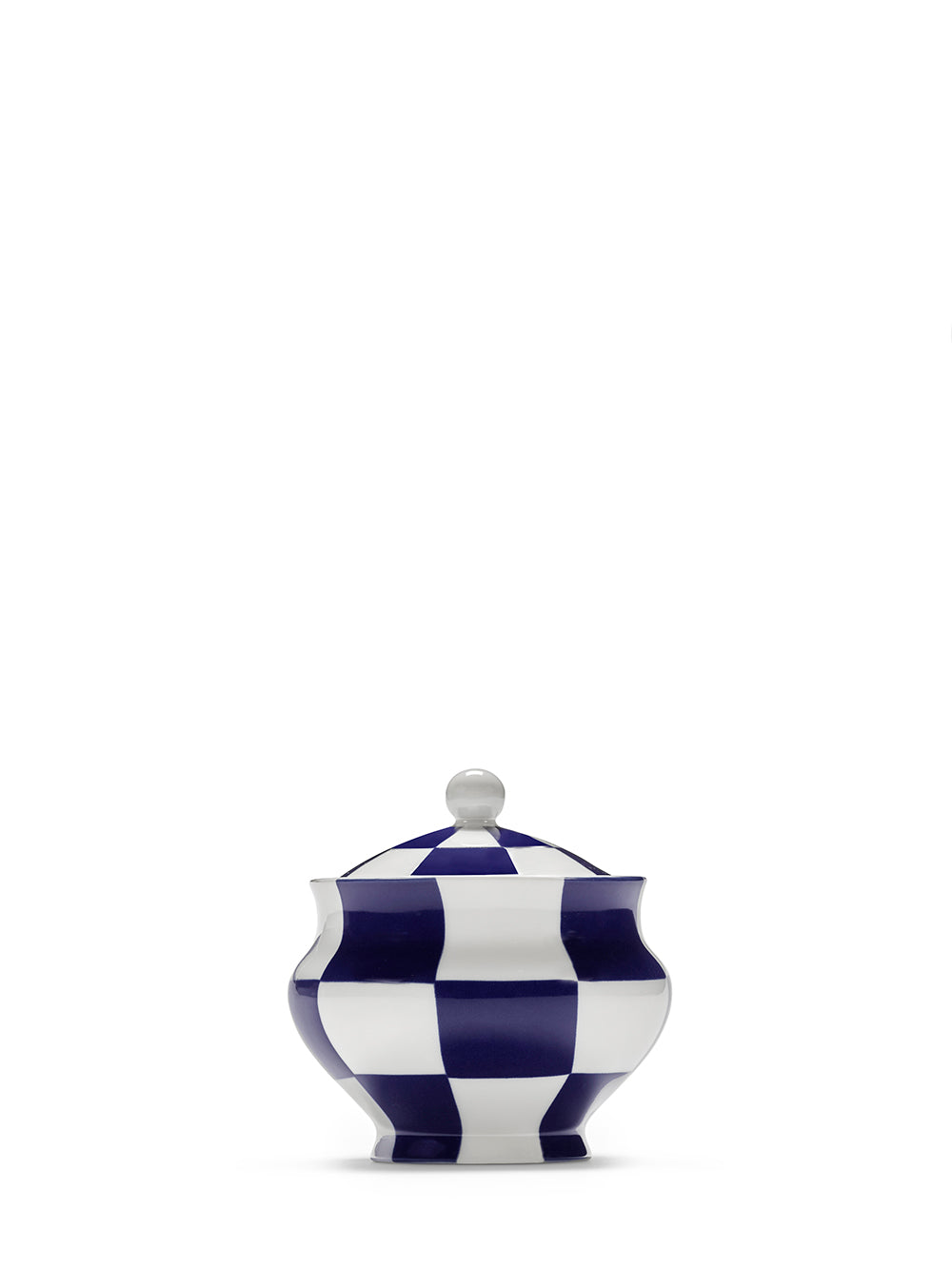 Decorative jar with blue and white checkered pattern on a white background