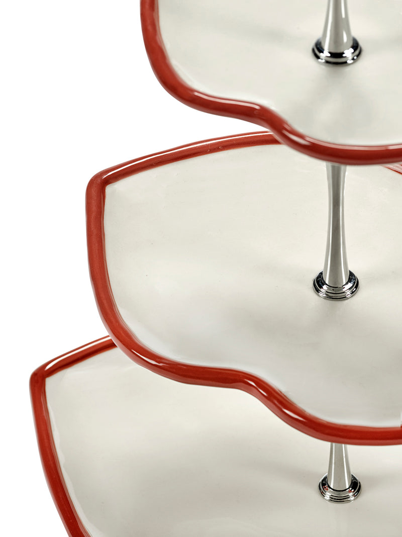 Close-up of a two-tiered serving tray with red and white design