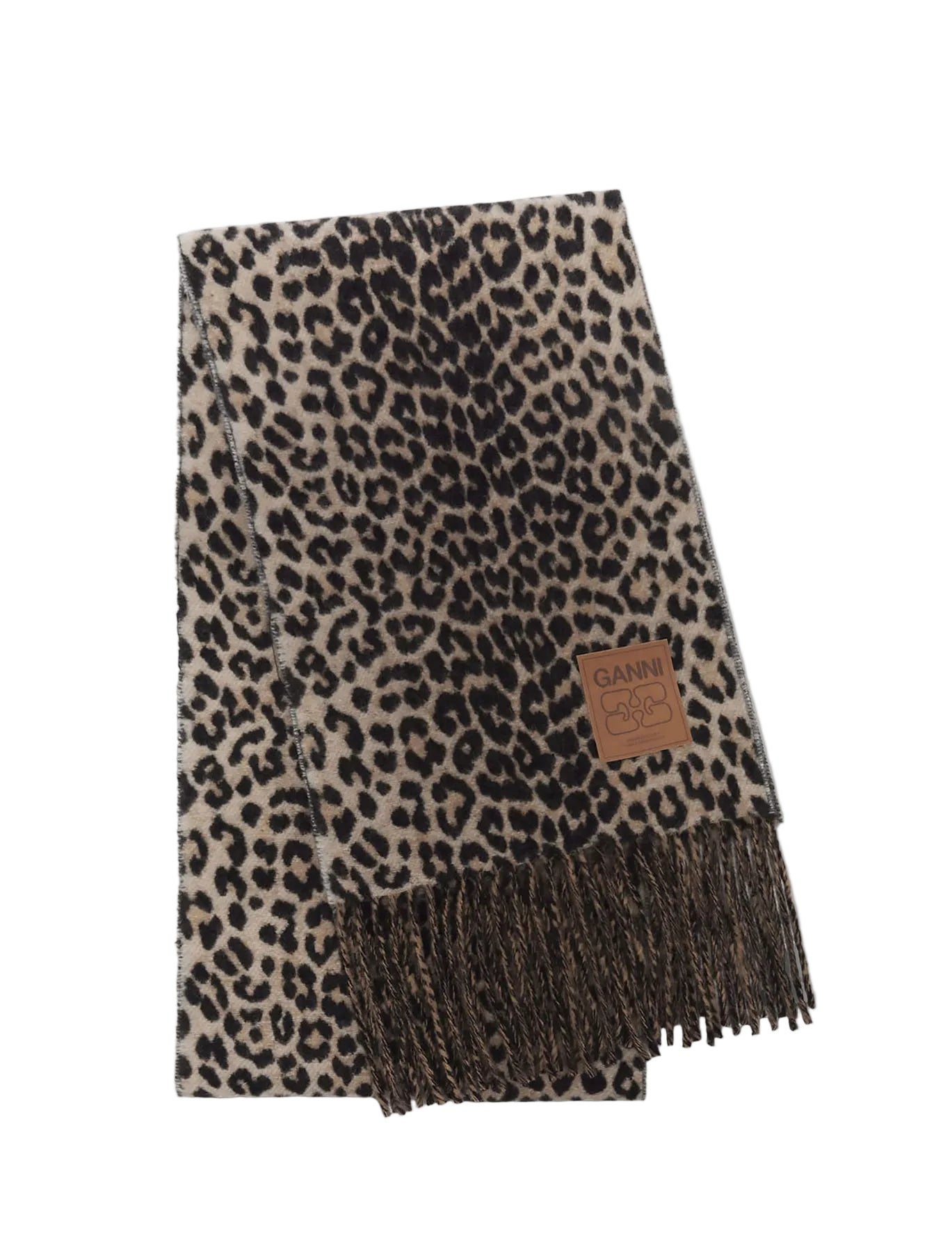 Double face wool knit scarf, almond milk leopard