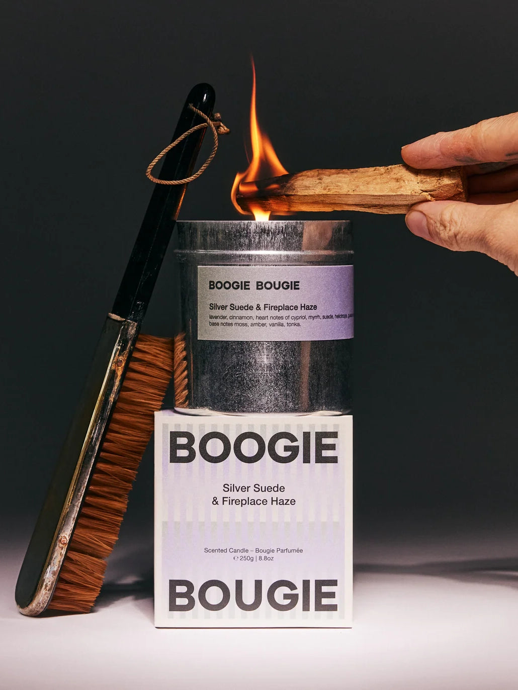 Silver Suede & Fireplace Haze scented candle (250g)