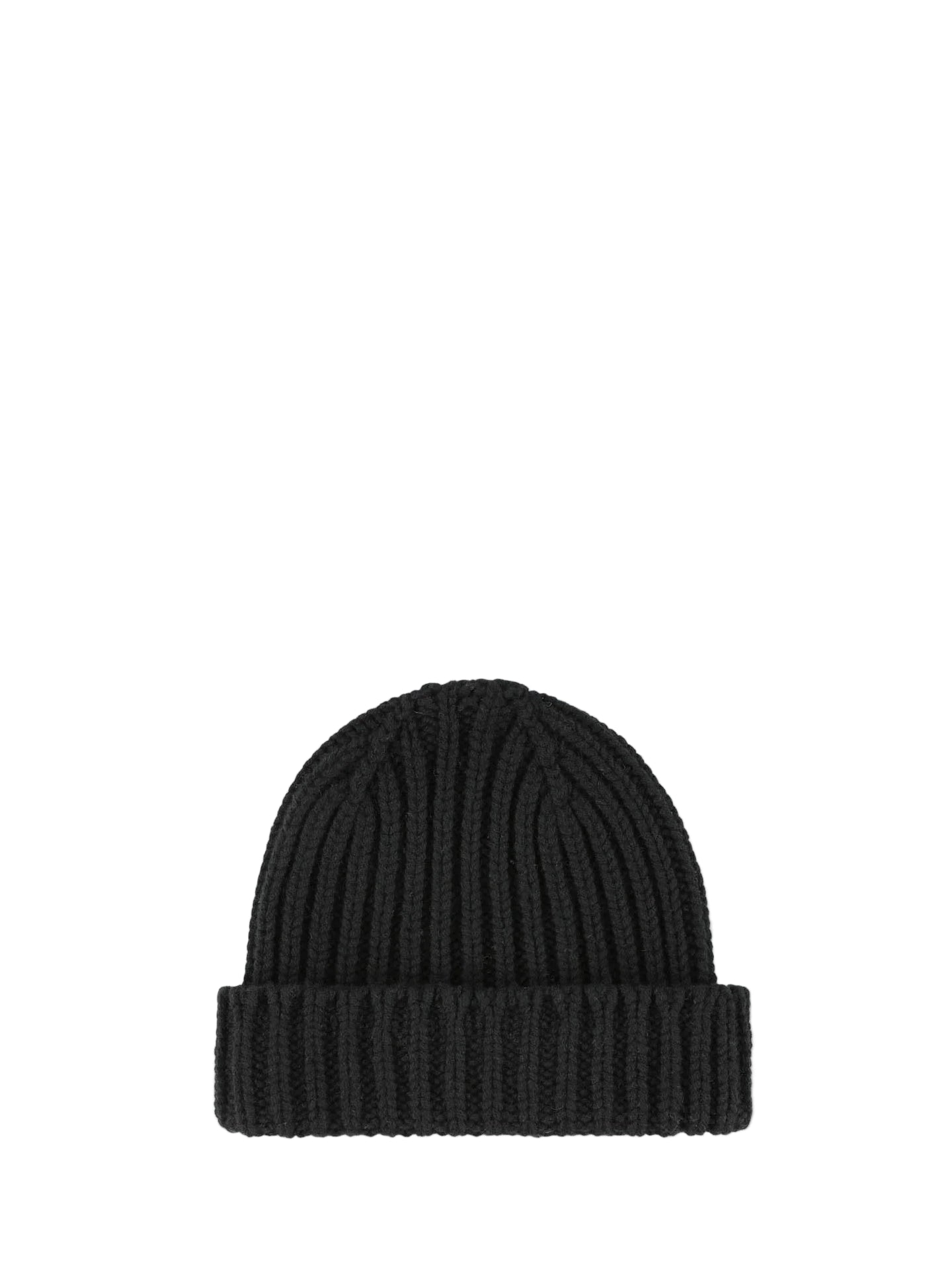 Black knit beanie on a light gray background