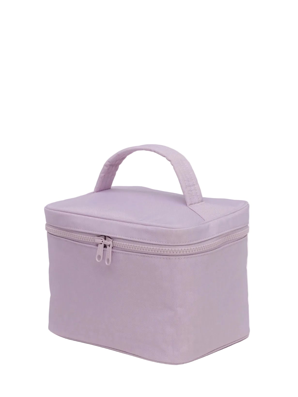 Lavender makeup bag with a handle on a white background